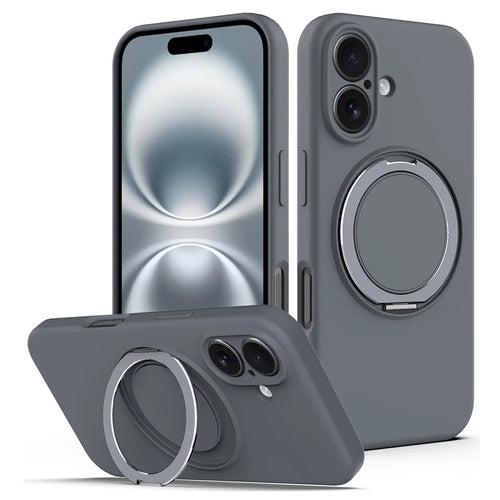 For iPhone 16 Plus Case Compatible with MagSafe Rotating Metal Kickstand PC + Silicone Phone Cover - Grey - 1