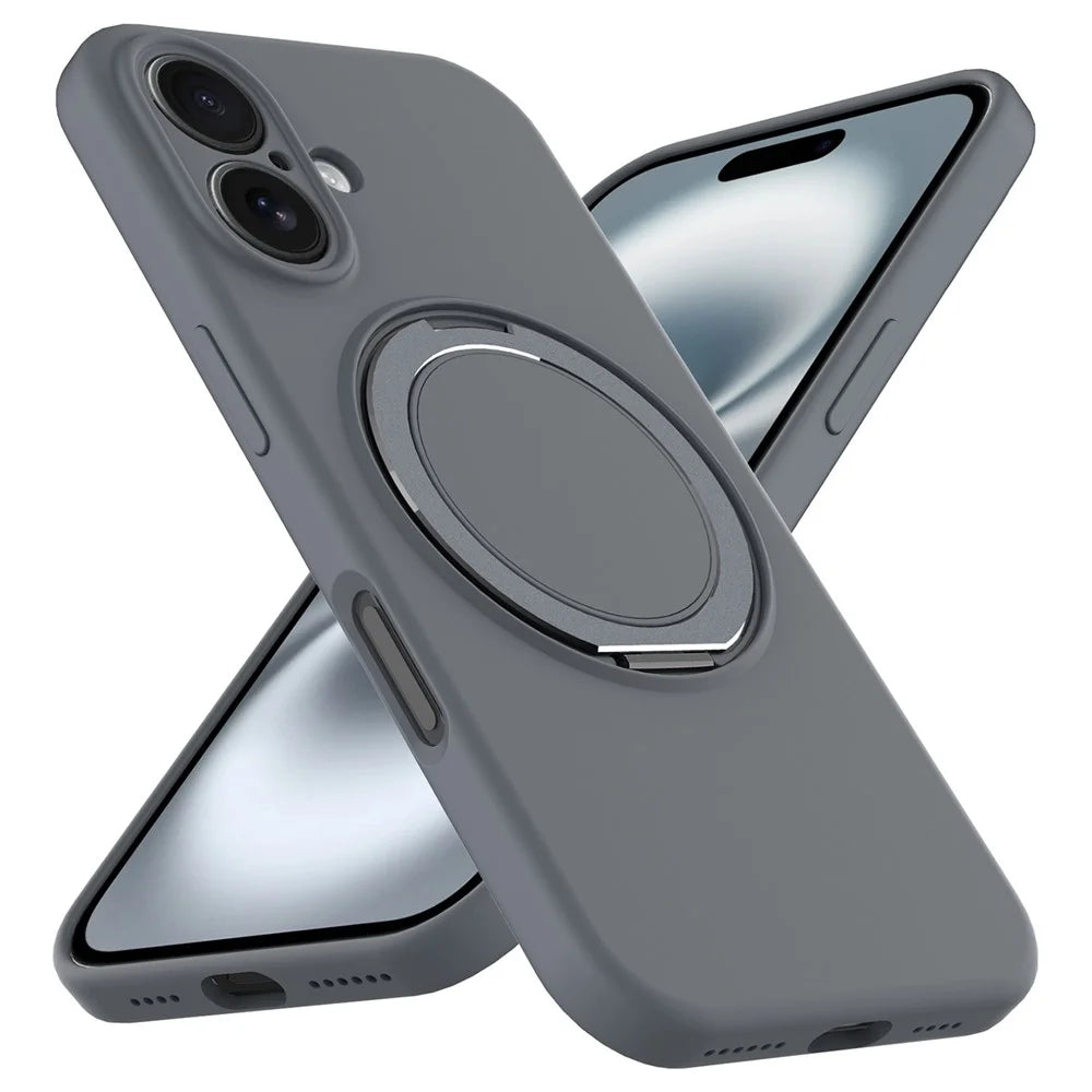For iPhone 16 Plus Case Compatible with MagSafe Rotating Metal Kickstand PC + Silicone Phone Cover - Grey - 2