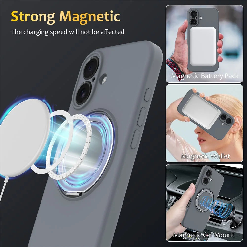 For iPhone 16 Plus Case Compatible with MagSafe Rotating Metal Kickstand PC + Silicone Phone Cover - Grey - 4