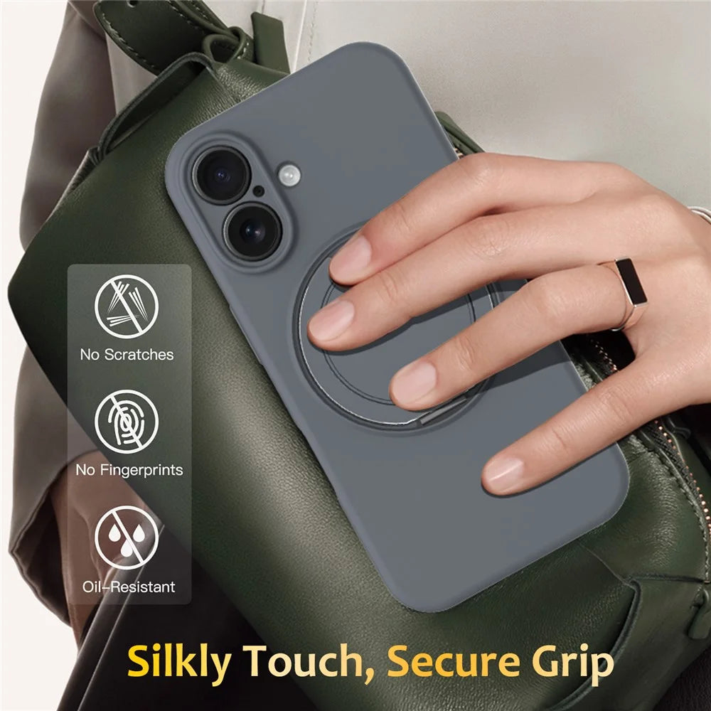For iPhone 16 Plus Case Compatible with MagSafe Rotating Metal Kickstand PC + Silicone Phone Cover - Grey - 7