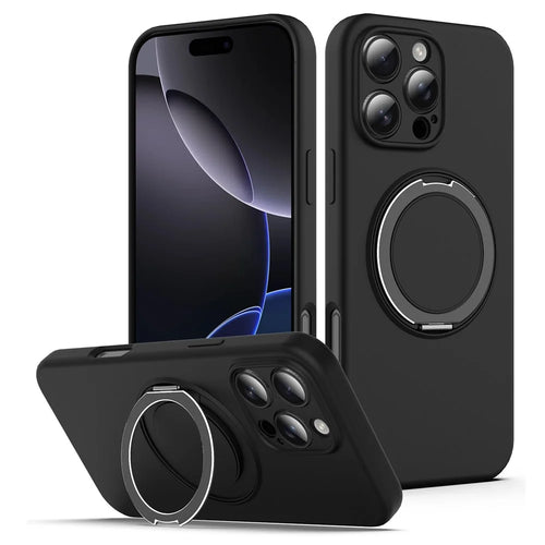 For iPhone 16 Pro Max Case Compatible with MagSafe Rotating Metal Kickstand PC + Silicone Phone Cover - Black - 1