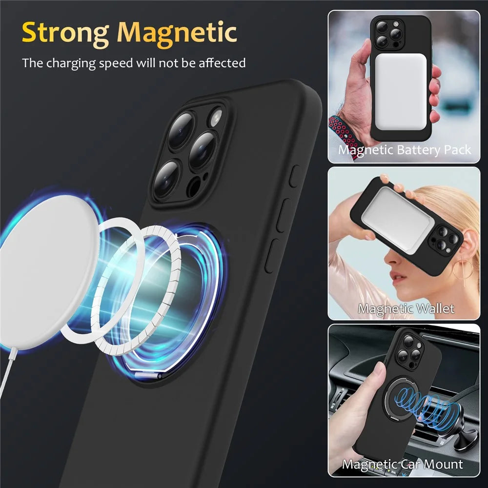 For iPhone 16 Pro Max Case Compatible with MagSafe Rotating Metal Kickstand PC + Silicone Phone Cover - Black - 4