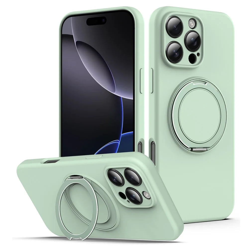 For iPhone 16 Pro Case Compatible with MagSafe Rotating Metal Kickstand PC + Silicone Phone Cover - Light Green - 1