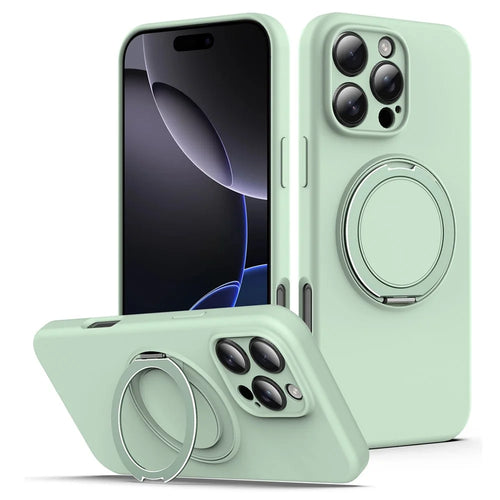For iPhone 16 Pro Case Compatible with MagSafe Rotating Metal Kickstand PC + Silicone Phone Cover - Light Green - 1