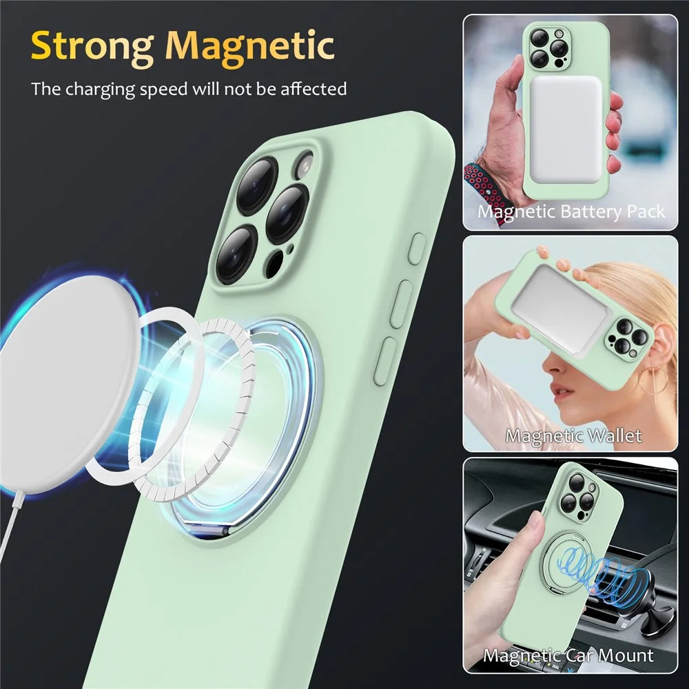 For iPhone 16 Pro Case Compatible with MagSafe Rotating Metal Kickstand PC + Silicone Phone Cover - Light Green - 4