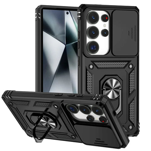 For Samsung Galaxy S25 Ultra Case PC + TPU Phone Cover Lens Ultimate Protection Kickstand - Black - 1