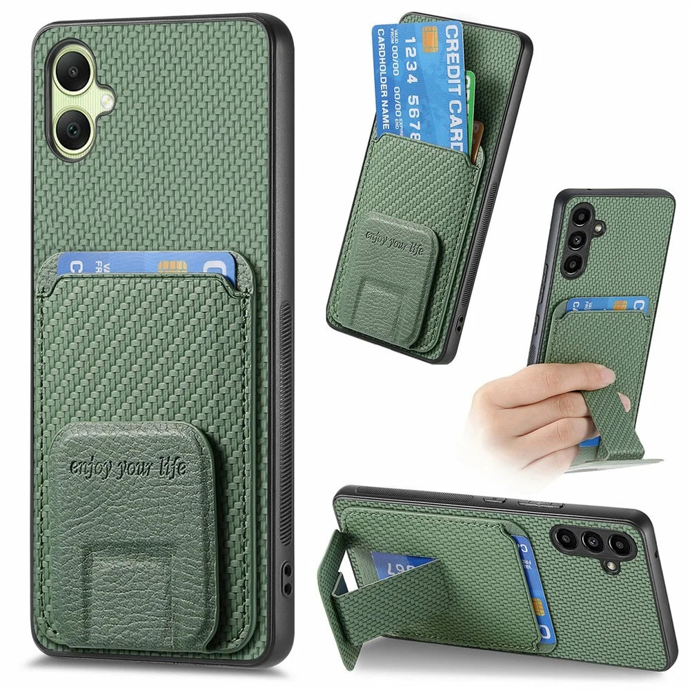 For Samsung Galaxy A06 4G Case Card Holder Carbon Fiber Texture Leather Coated TPU Phone Cover - Green - 1