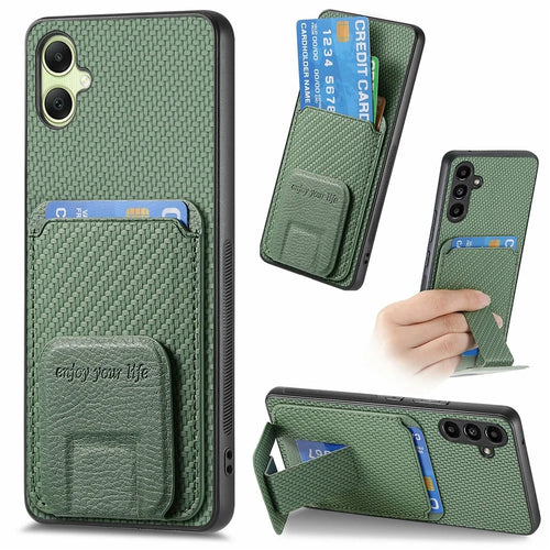 For Samsung Galaxy A06 4G Case Card Holder Carbon Fiber Texture Leather Coated TPU Phone Cover - Green - 1