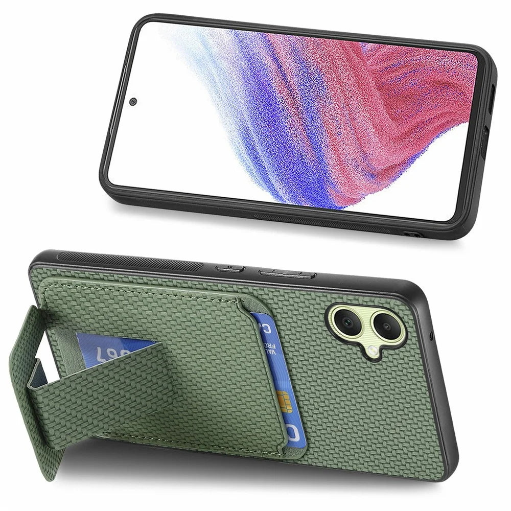 For Samsung Galaxy A06 4G Case Card Holder Carbon Fiber Texture Leather Coated TPU Phone Cover - Green - 4