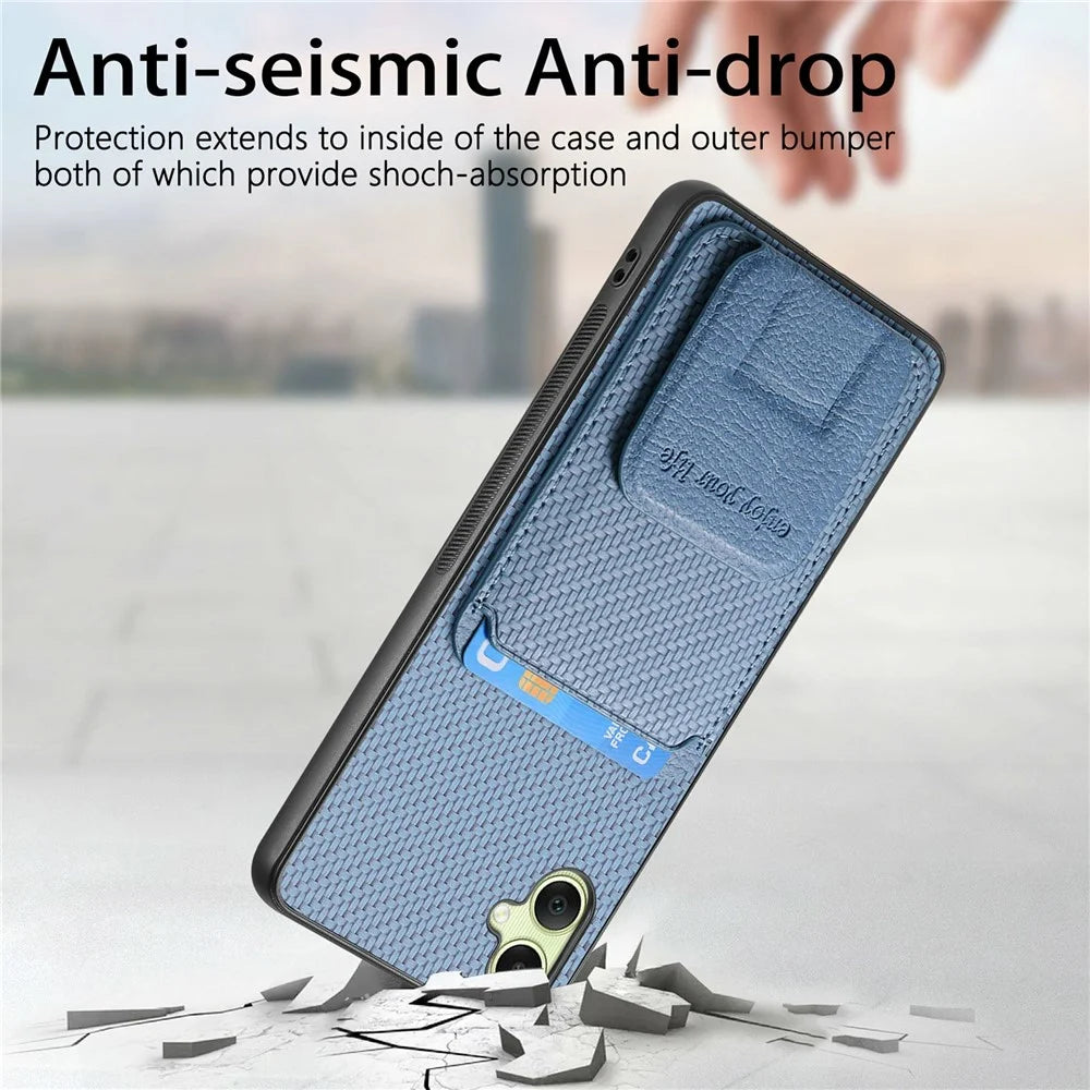 For Samsung Galaxy A06 4G Case Card Holder Carbon Fiber Texture Leather Coated TPU Phone Cover - Green - 6