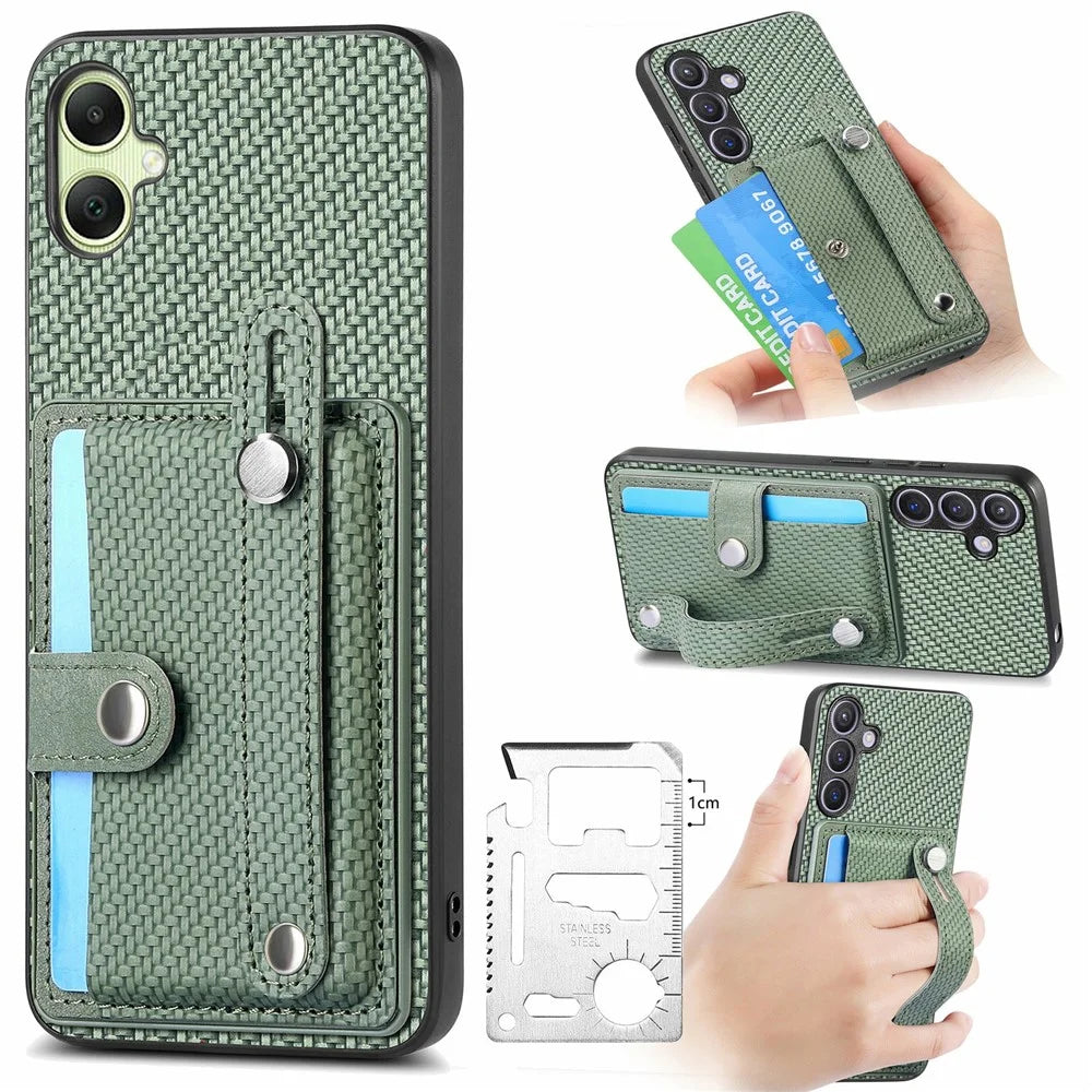 For Samsung Galaxy A06 4G Case Wristband Anti-Drop Leather Back Cover Card Holder - Green - 1