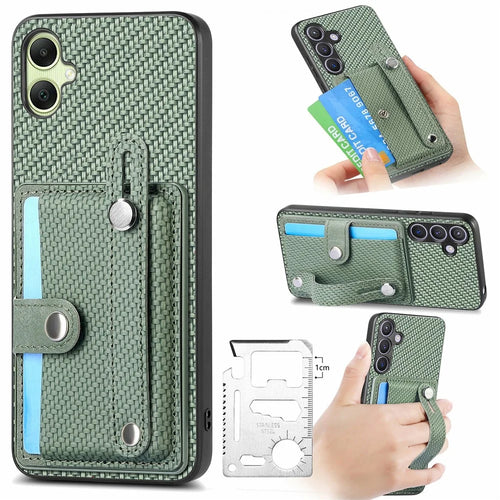For Samsung Galaxy A06 4G Case Wristband Anti-Drop Leather Back Cover Card Holder - Green - 1