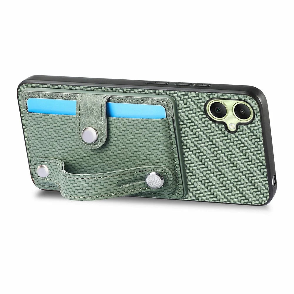 For Samsung Galaxy A06 4G Case Wristband Anti-Drop Leather Back Cover Card Holder - Green - 3