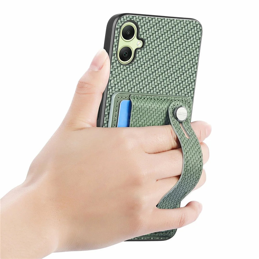 For Samsung Galaxy A06 4G Case Wristband Anti-Drop Leather Back Cover Card Holder - Green - 4