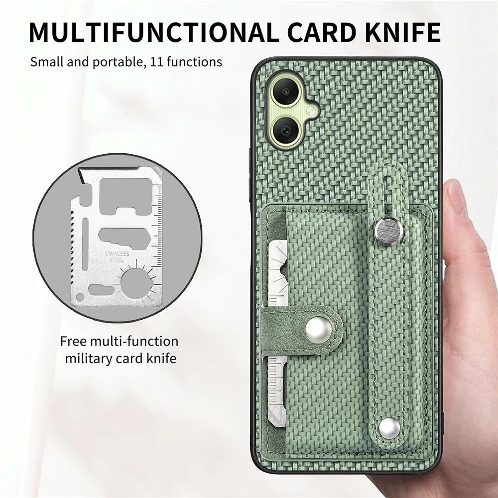 For Samsung Galaxy A06 4G Case Wristband Anti-Drop Leather Back Cover Card Holder - Green - 5