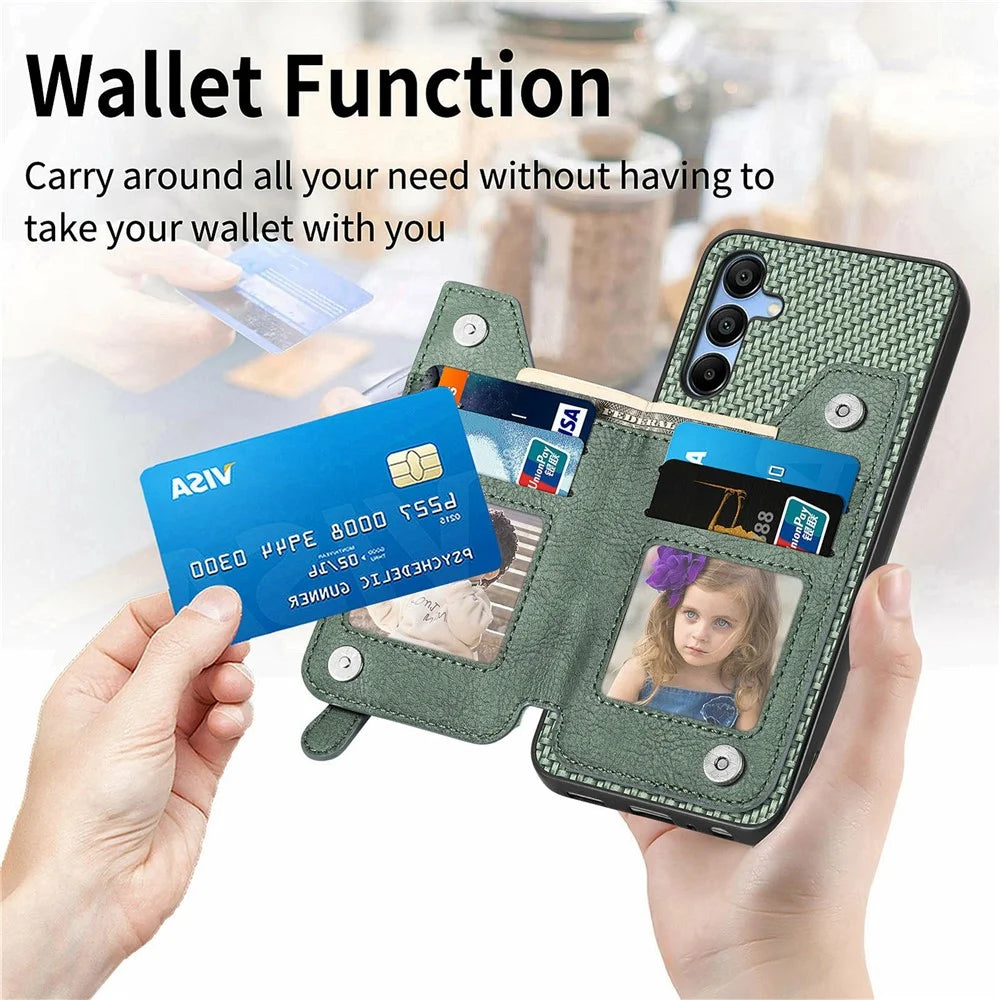 For Samsung Galaxy A16 4G / 5G Case Leather+PC+TPU Zipper Pocket Kickstand Phone Cover - Green - 6