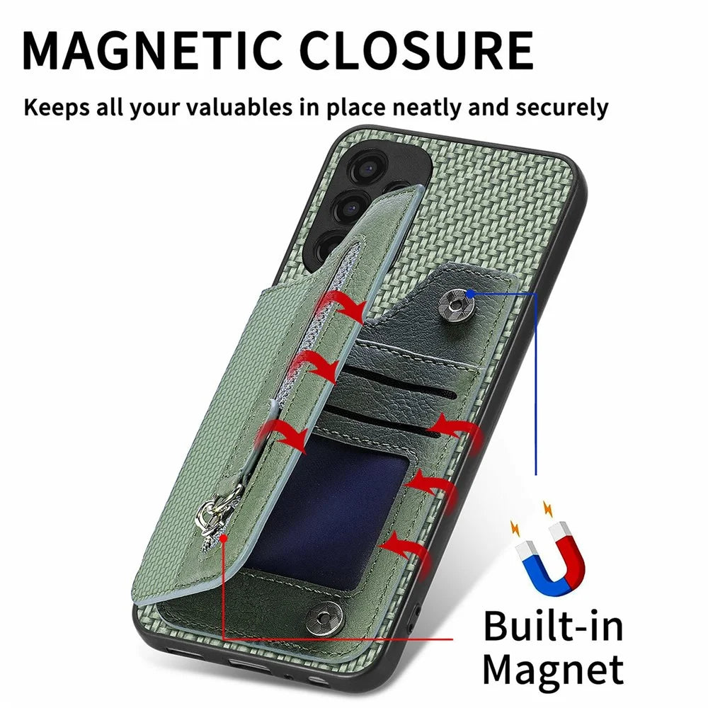 For Samsung Galaxy A16 4G / 5G Case Leather+PC+TPU Zipper Pocket Kickstand Phone Cover - Green - 7