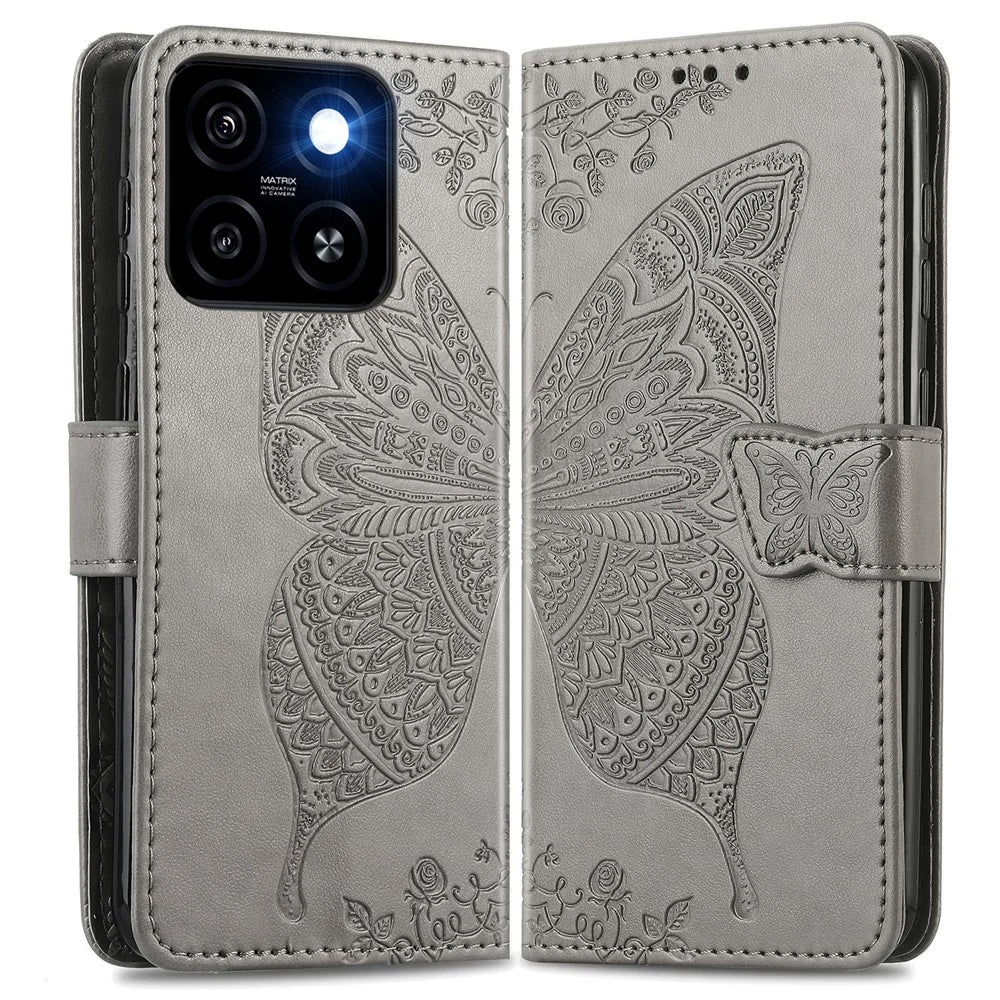 For ZTE Blade A55 Case PU Leather Wallet Phone Cover Butterfly Pattern - Grey - 1