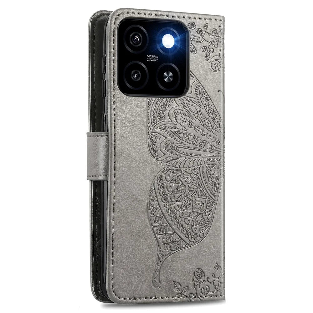 For ZTE Blade A55 Case PU Leather Wallet Phone Cover Butterfly Pattern - Grey - 5