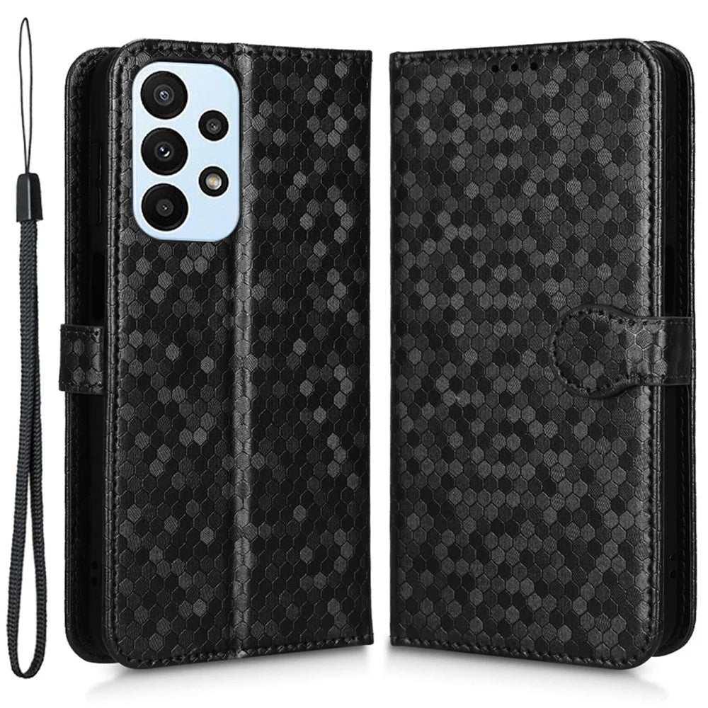 For Samsung Galaxy A23 4G / 5G (Global Version) PU Leather Flip Phone Cover Dot Pattern Imprinted Wallet Adjustable Stand Magnetic Phone Case with Strap - Black - 1