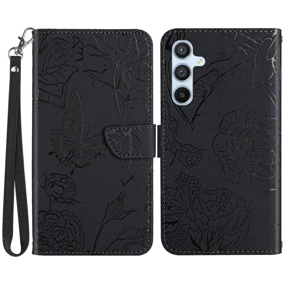 HT03 For Samsung Galaxy A37 5G / A36 5G Case Butterfly Flower Imprint Leather Phone Cover with Strap - Black - 1