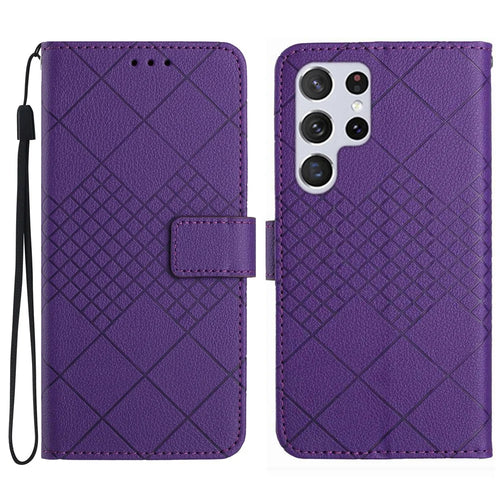 HT06 For Samsung Galaxy S25 Ultra Wallet Phone Case Imprint PU Leather Flip Folio Cover - Dark Purple - 1