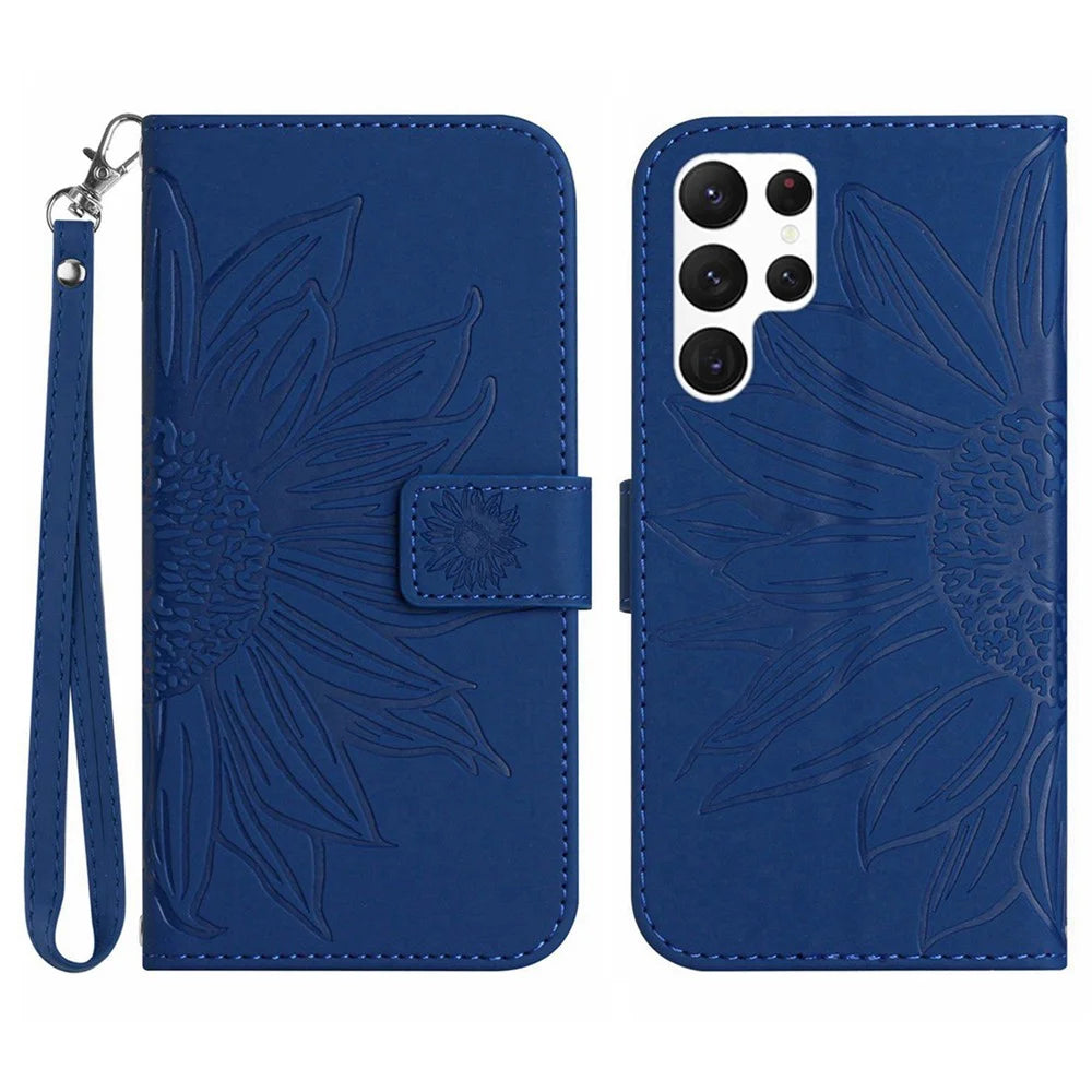 HT04 For Samsung Galaxy S25 Ultra Case Sunflower Imprint Leather Wallet Phone Cover with Wrist Strap - Sapphire - 1