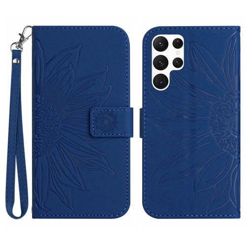 HT04 For Samsung Galaxy S25 Ultra Case Sunflower Imprint Leather Wallet Phone Cover with Wrist Strap - Sapphire - 1