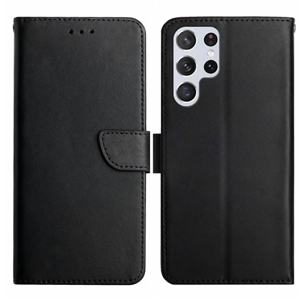 HT02 For Samsung Galaxy S25 Ultra Case Genuine Cow Leather Phone Cover Nappa Texture - Black - 1