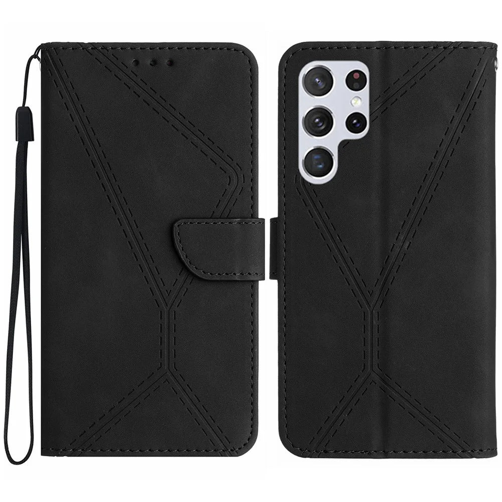 HT05 For Samsung Galaxy S25 Ultra Case Skin-Touch Lines PU Leather Flip Phone Cover - Black - 1