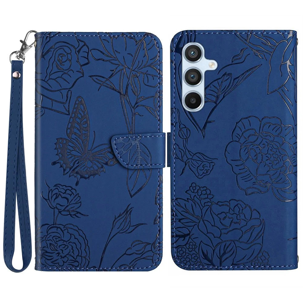 HT03 For Samsung Galaxy S25+ Case Butterfly Flower Imprint Leather Phone Cover with Strap - Blue - 1