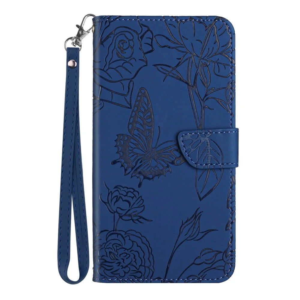HT03 For Samsung Galaxy S25+ Case Butterfly Flower Imprint Leather Phone Cover with Strap - Blue - 7