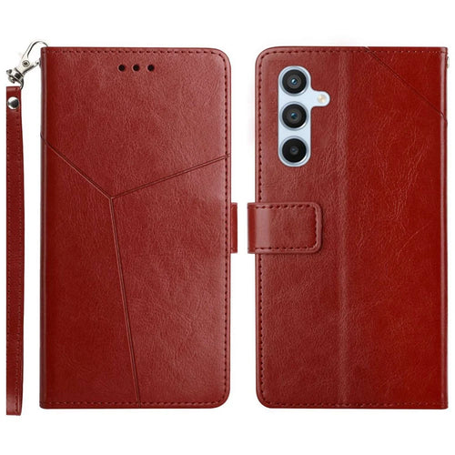 For Samsung Galaxy S25+ Case with Wrist Strap Y Shaped Lines Imprint Leather Phone Cover - Brown - 1