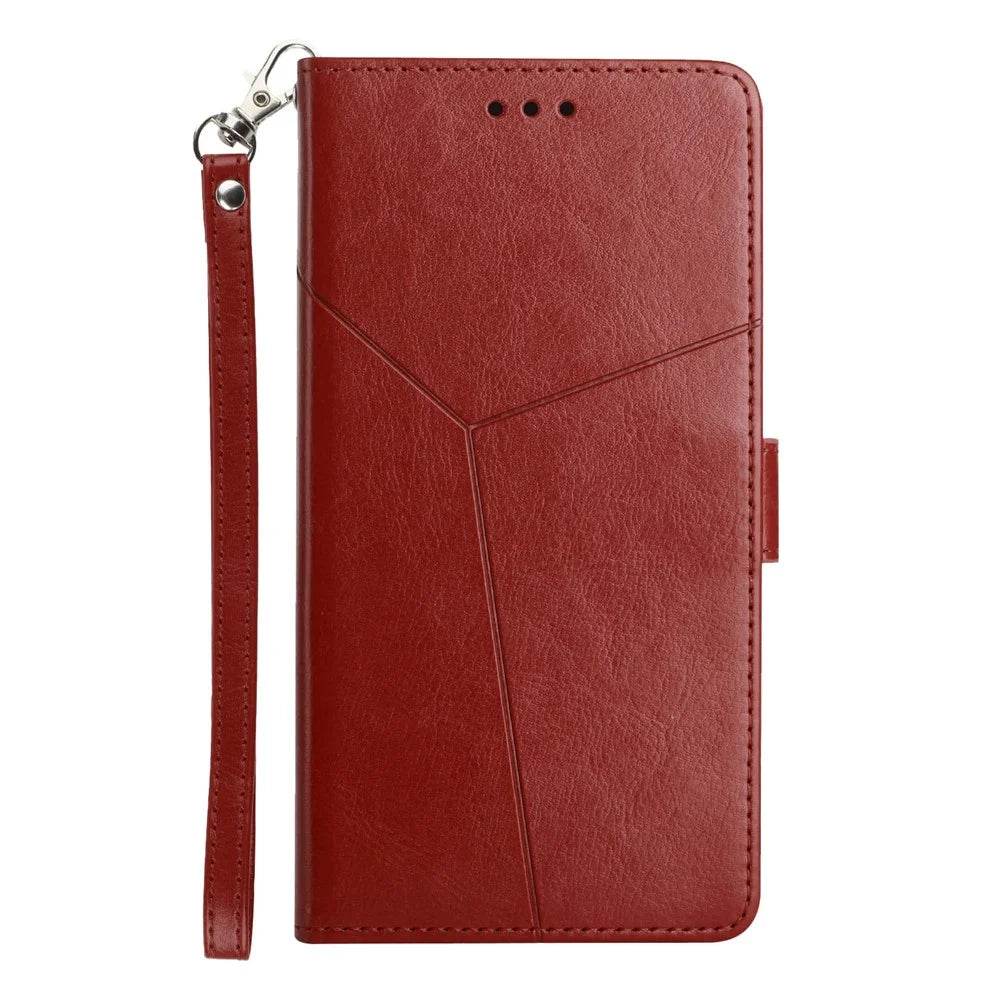 For Samsung Galaxy S25+ Case with Wrist Strap Y Shaped Lines Imprint Leather Phone Cover - Brown - 7