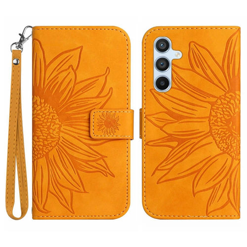 HT04 For Samsung Galaxy S25+ Case Sunflower Imprint Leather Wallet Phone Cover with Wrist Strap - Yellow - 1