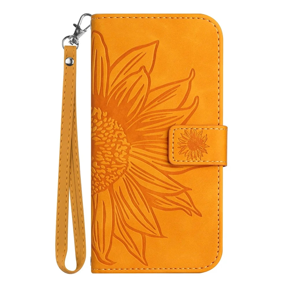HT04 For Samsung Galaxy S25+ Case Sunflower Imprint Leather Wallet Phone Cover with Wrist Strap - Yellow - 7