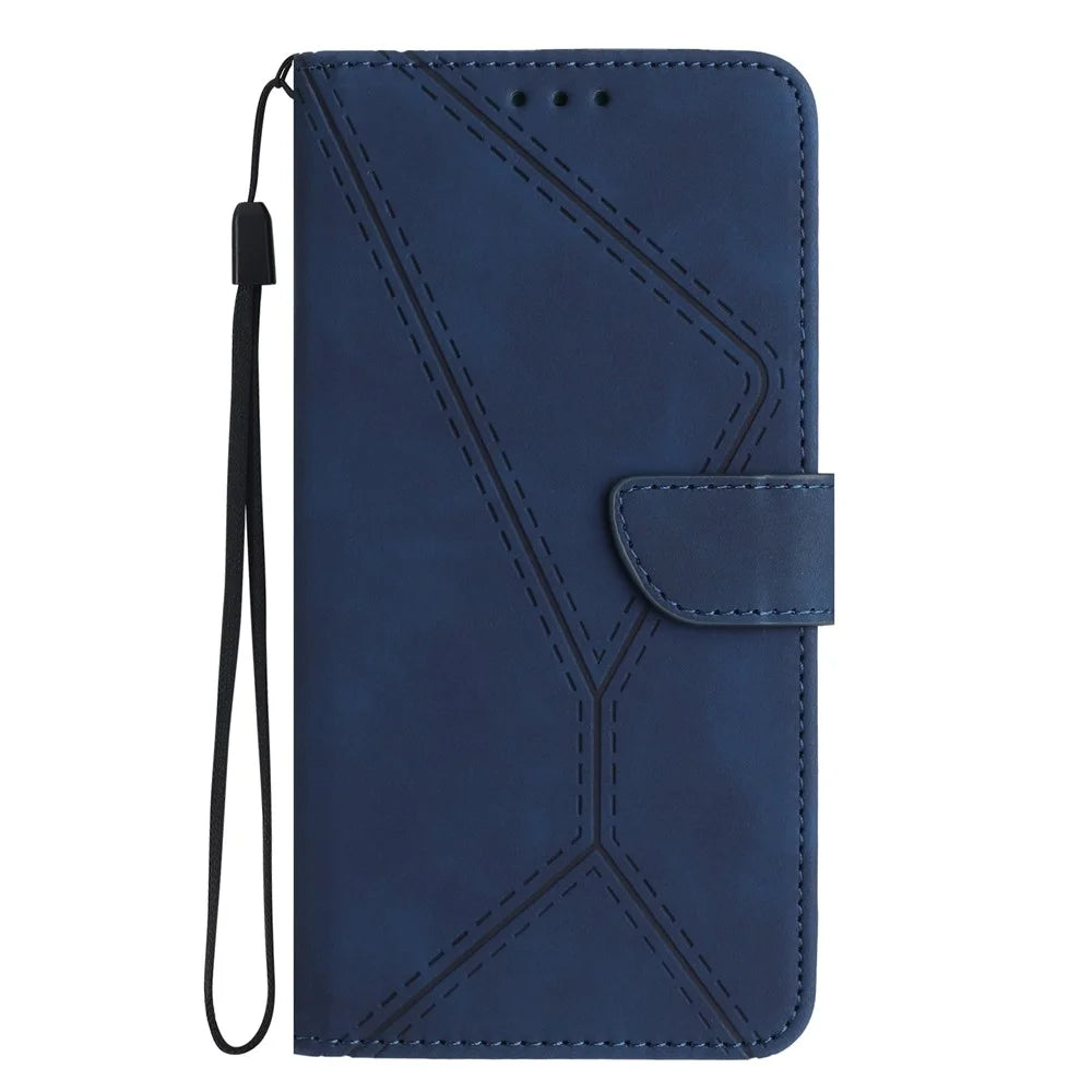 HT05 For Samsung Galaxy S25+ Case Skin-Touch Lines PU Leather Flip Phone Cover - Blue - 7
