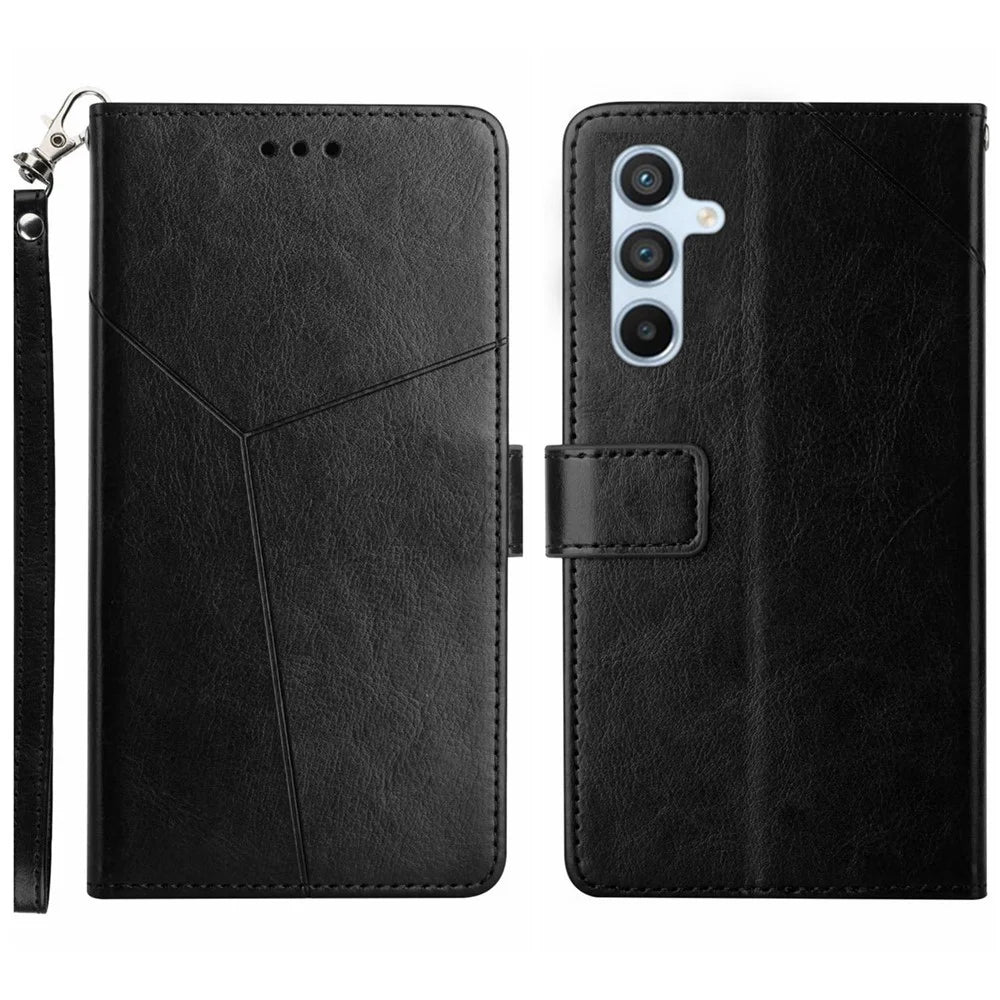 For Samsung Galaxy S25 Case with Wrist Strap Y Shaped Lines Imprint Leather Phone Cover - Black - 1