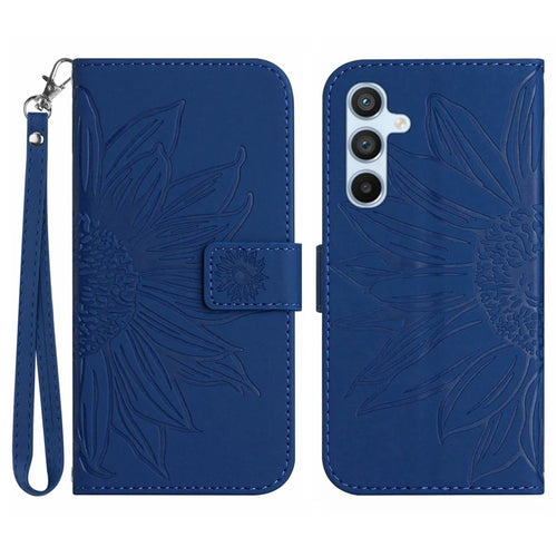HT04 For Samsung Galaxy S25 Case Sunflower Imprint Leather Wallet Phone Cover with Wrist Strap - Sapphire - 1
