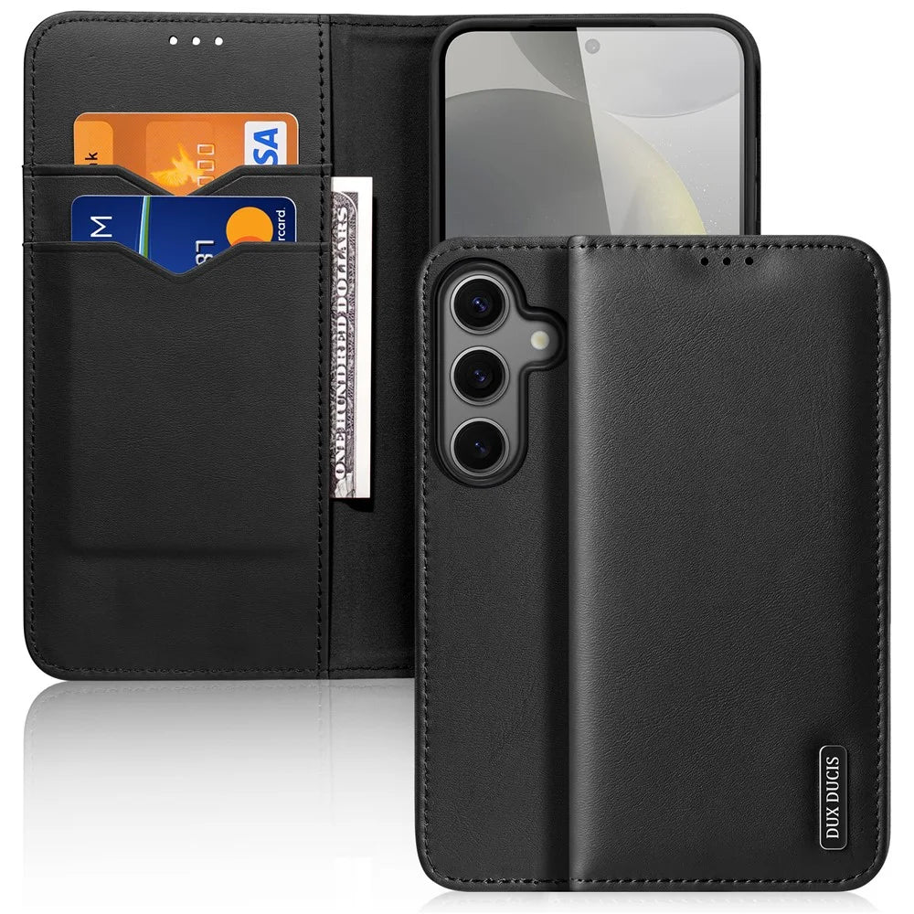 DUX DUCIS Hivo Series For Samsung Galaxy S25 Case Cowhide Leather RFID Blocking Wallet Stand Flip Phone Cover - Black - 1