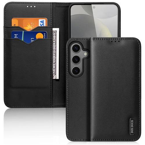 DUX DUCIS Hivo Series For Samsung Galaxy S25 Case Cowhide Leather RFID Blocking Wallet Stand Flip Phone Cover - Black - 1
