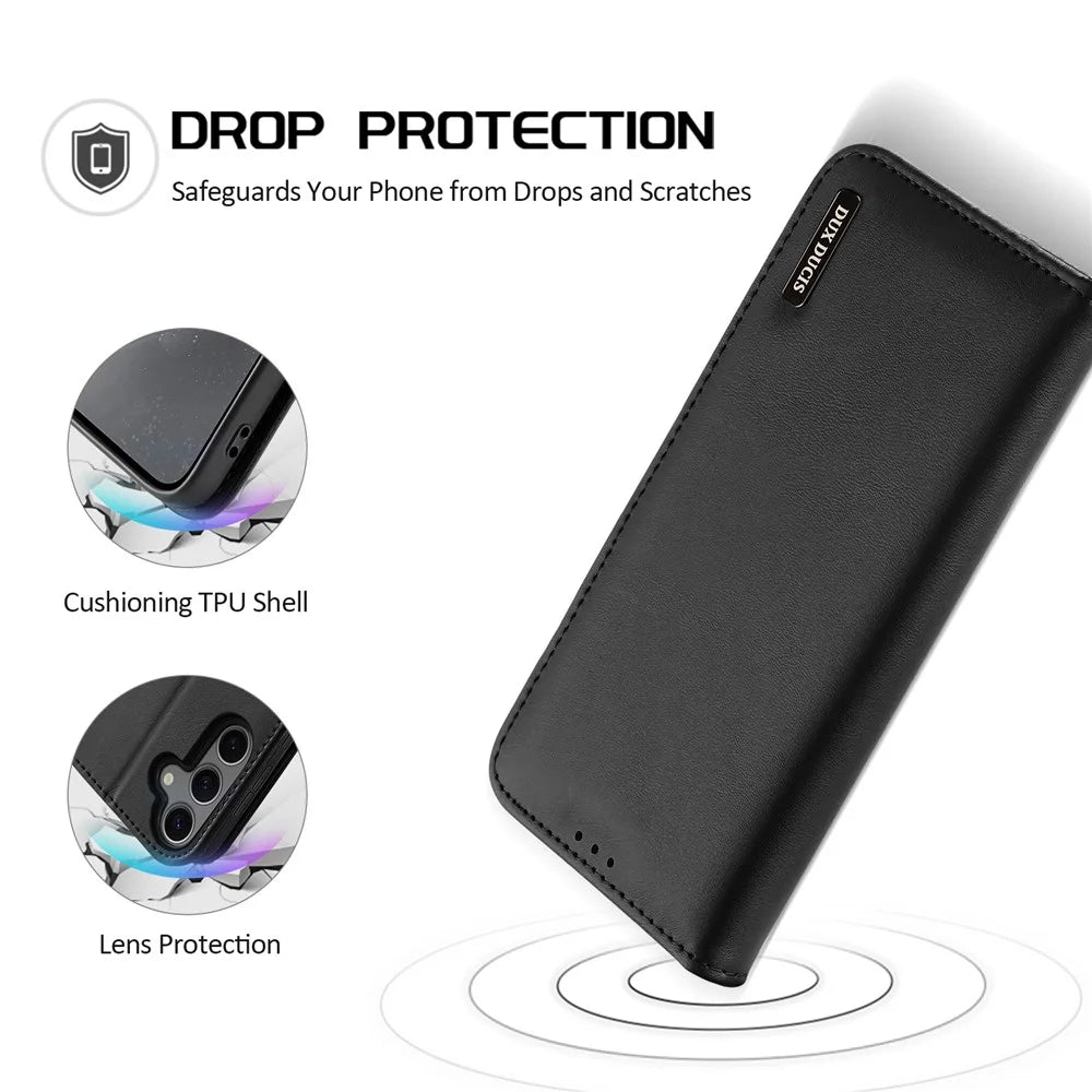 DUX DUCIS Hivo Series For Samsung Galaxy S25 Case Cowhide Leather RFID Blocking Wallet Stand Flip Phone Cover - Black - 4
