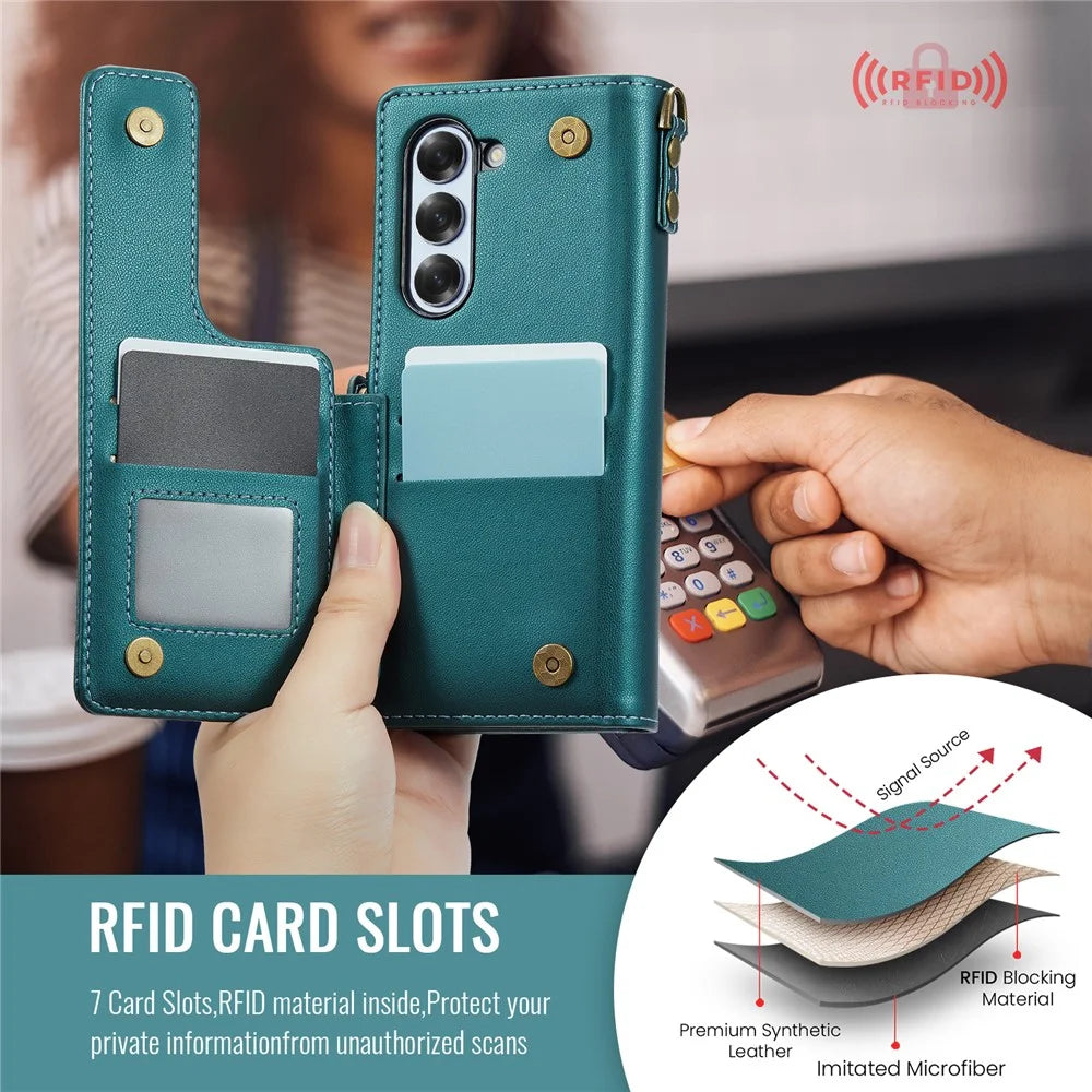 CASEME For Samsung Galaxy Z Fold6 5G Case  C22 Series  Leather+TPU Cover RFID Blocking 7 Card Slots - Green - 7