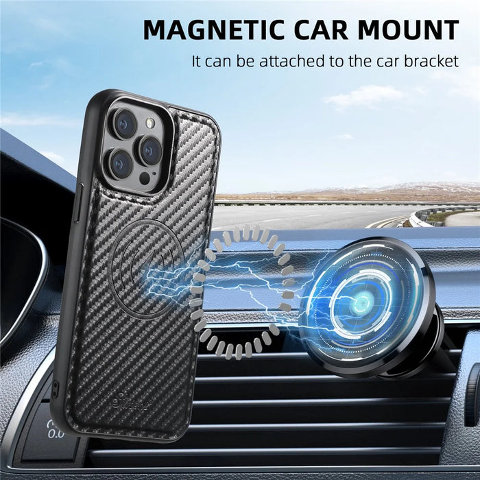 SUTENI H18 For iPhone 12 Pro Max Magnetic Case Carbon Fiber Texture Leather+TPU Cover with Detachable Card Bag - 7