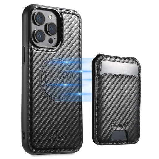 SUTENI H18 For iPhone 12 Pro Magnetic Case Carbon Fiber Texture Leather+TPU Cover with Detachable Card Bag - 1