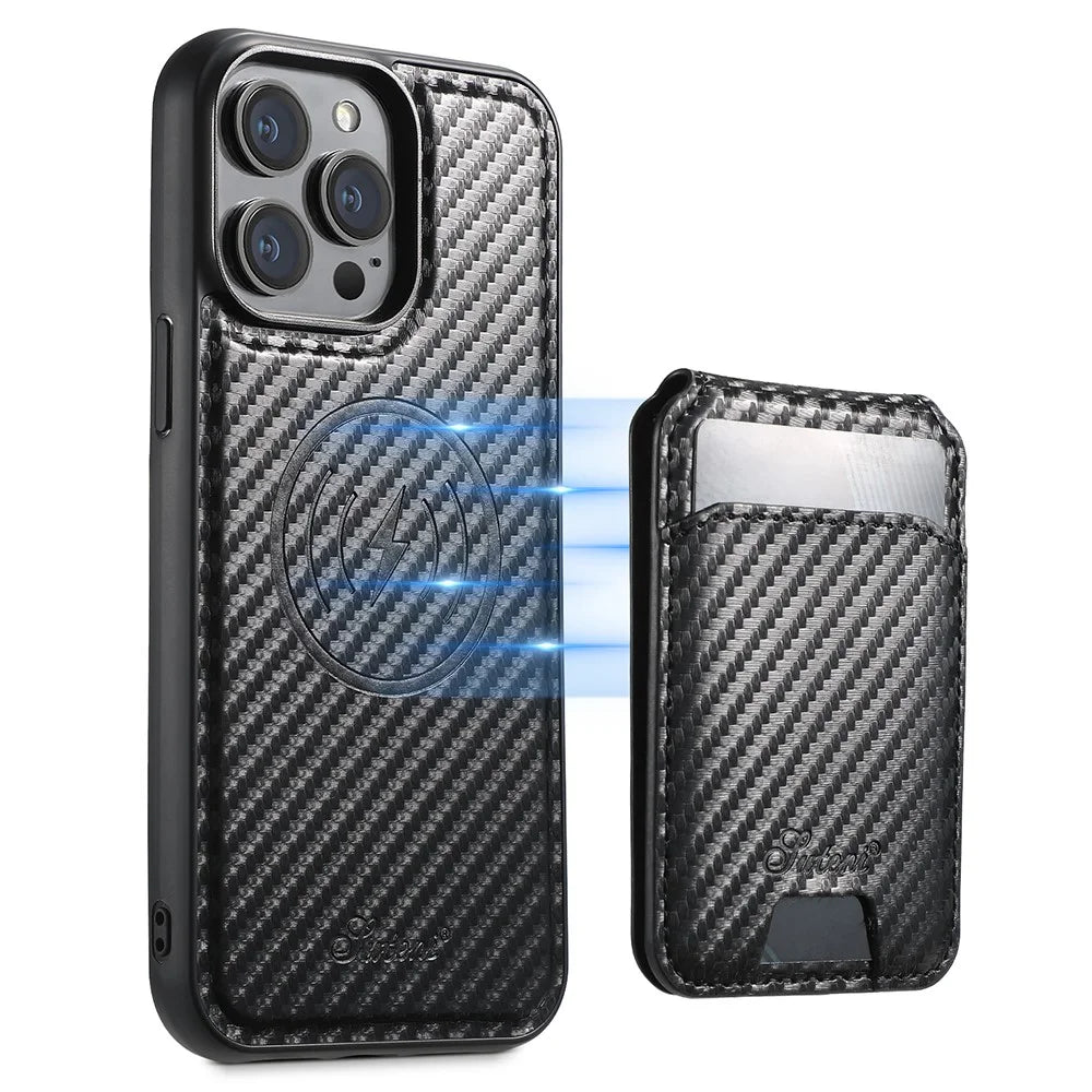SUTENI H18 For iPhone 13 Pro Max Magnetic Case Carbon Fiber Texture Leather+TPU Cover with Detachable Card Bag - 1