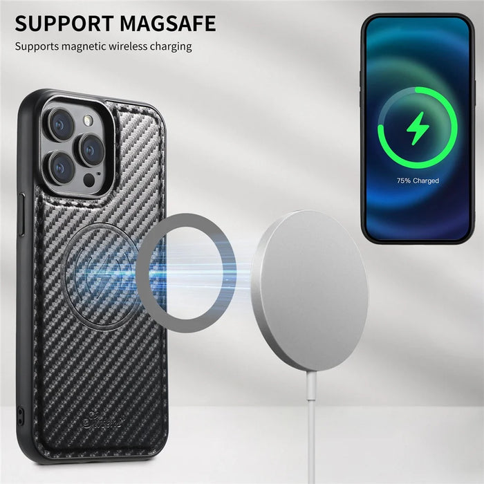 SUTENI H18 For iPhone 13 Pro Max Magnetic Case Carbon Fiber Texture Leather+TPU Cover with Detachable Card Bag - 5
