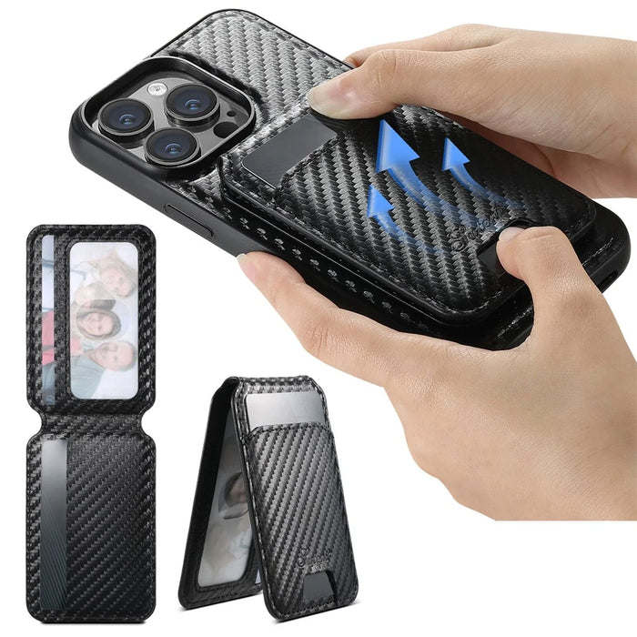 SUTENI H18 For iPhone 15 Pro Max Magnetic Case Carbon Fiber Texture Leather+TPU Cover with Detachable Card Bag - 5