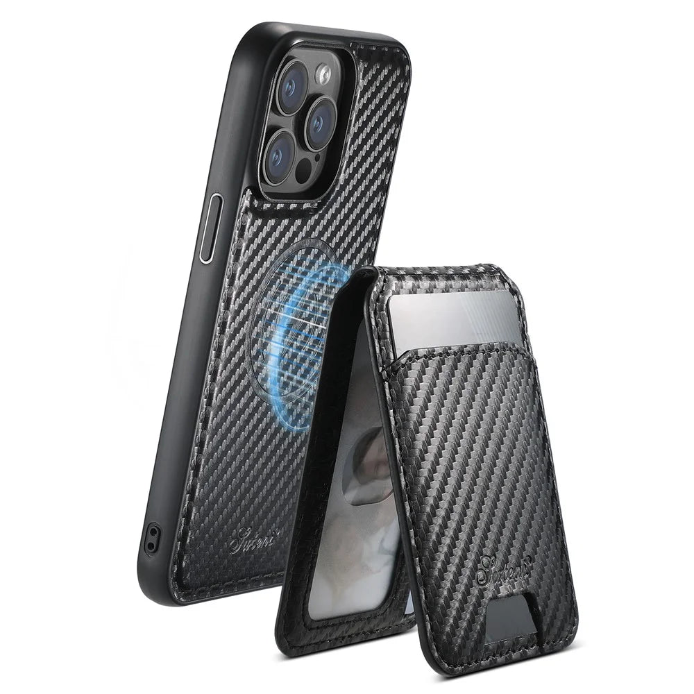 SUTENI H18 For iPhone 14 Pro Max Magnetic Case Carbon Fiber Texture Leather+TPU Cover with Detachable Card Bag - 4