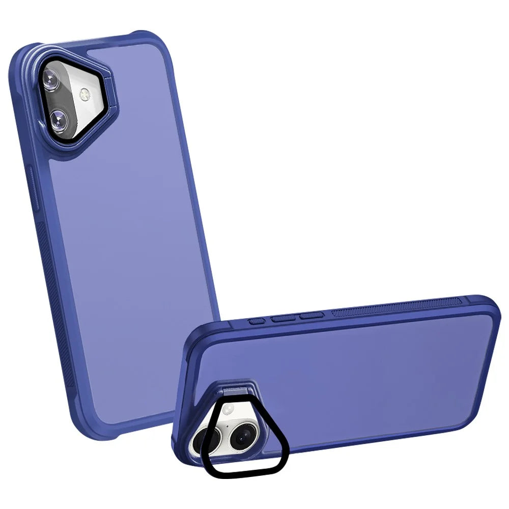 For iPhone 16 Case with Lens Cover Kickstand Skin-Touch PC+TPU Phone Protector - Blue - 1